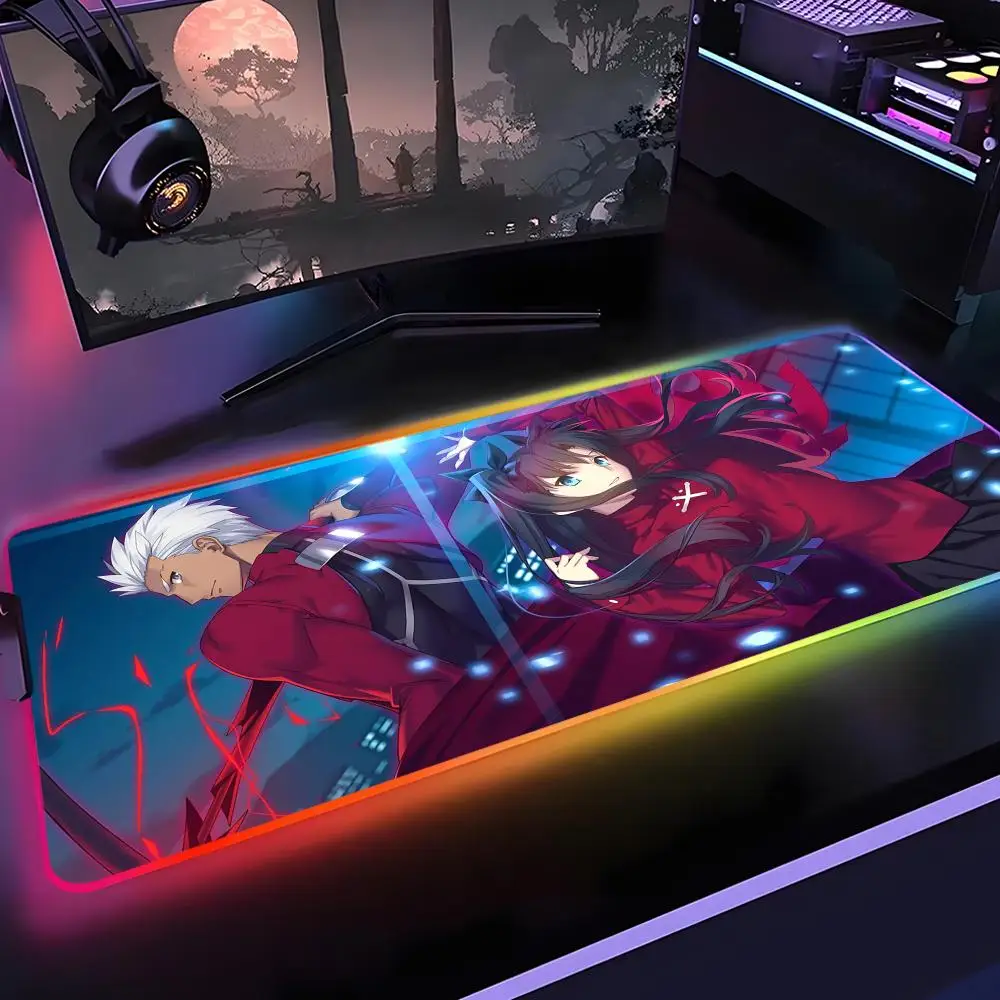 Fate Stay Night Mouse Pad Gamer Rgb Desk Mat Back Light Led Mousepad Setup Gaming Accessories Deskmat Big Mousepepad Backlight