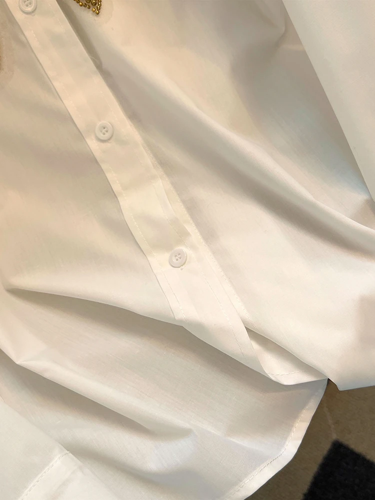 Fashion Sequins Long Sleeve White Shirt Female Spring New Unique Chic Shirts Fashionable Tops Solid Color Women's Clothes