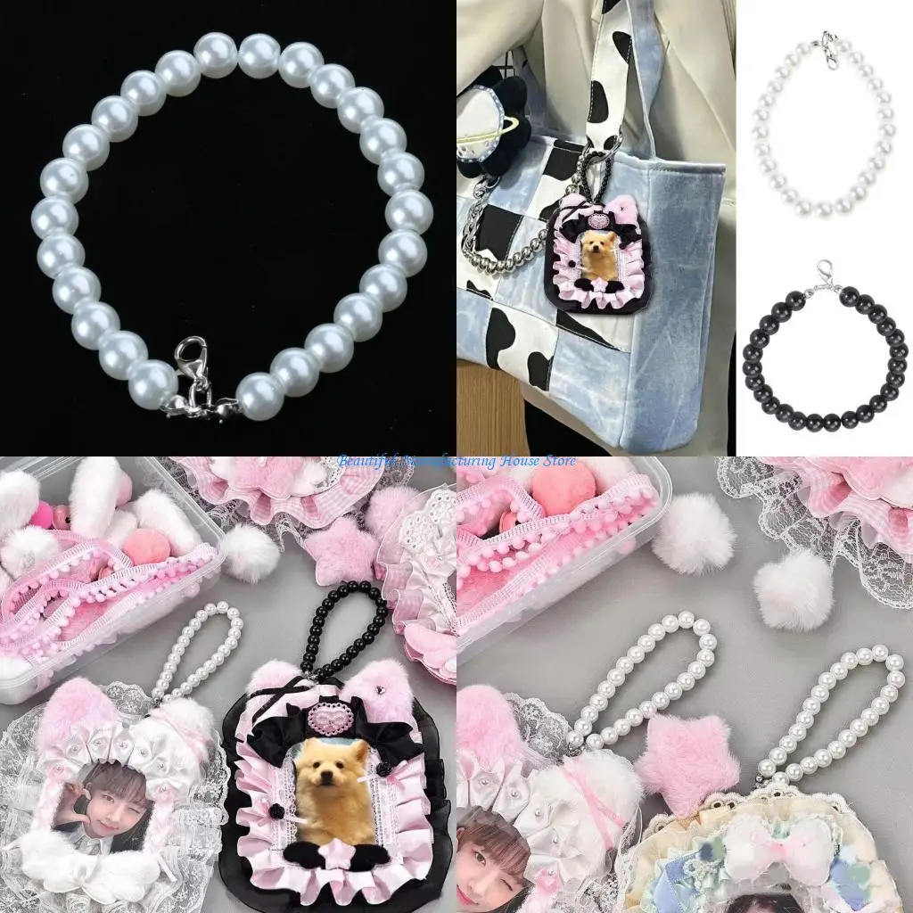 

E56A Fashionable Pearls Card Cover Necklace Keychain Lanyard Jewelry for Social Event