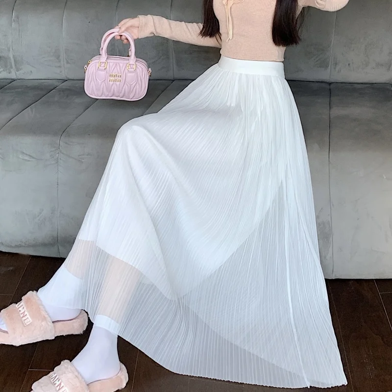 

Women White Long Mesh Fairy Skirt Autumn Winter New Casual Fashionable Versatile Simple Commuting Inner Pleated Skirt