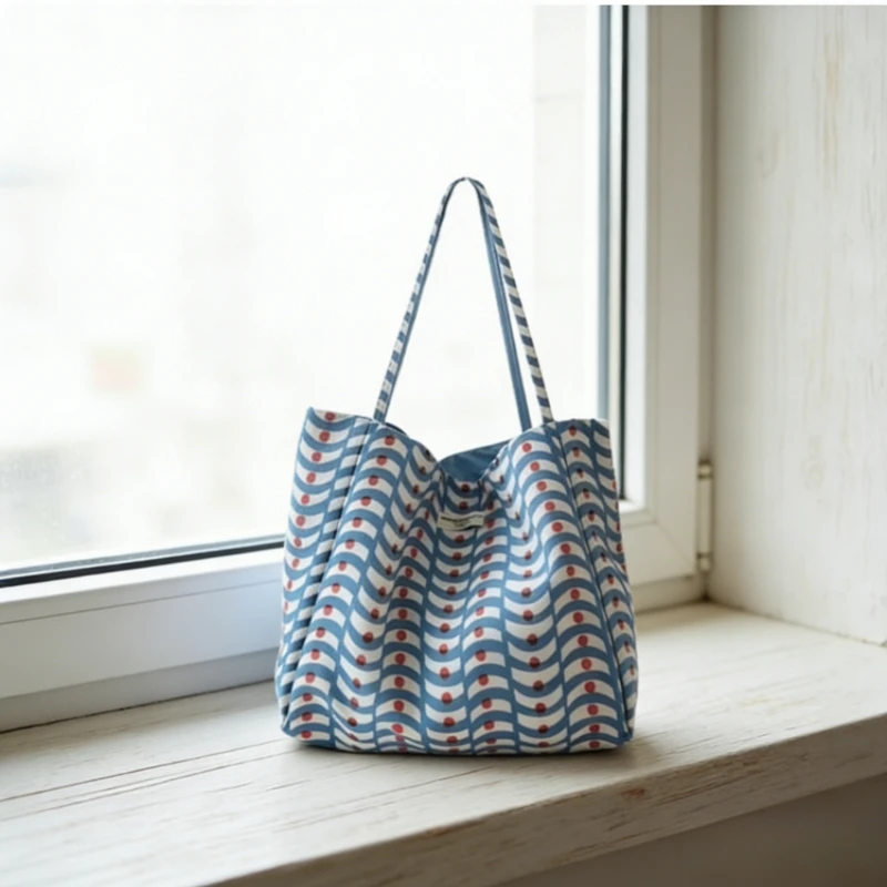 

Simple Casual Tote Bag Daily New Large Capacity Double Sided Wave Pattern Canvas Shoulder Bag Commute Lazy Style High Capacity
