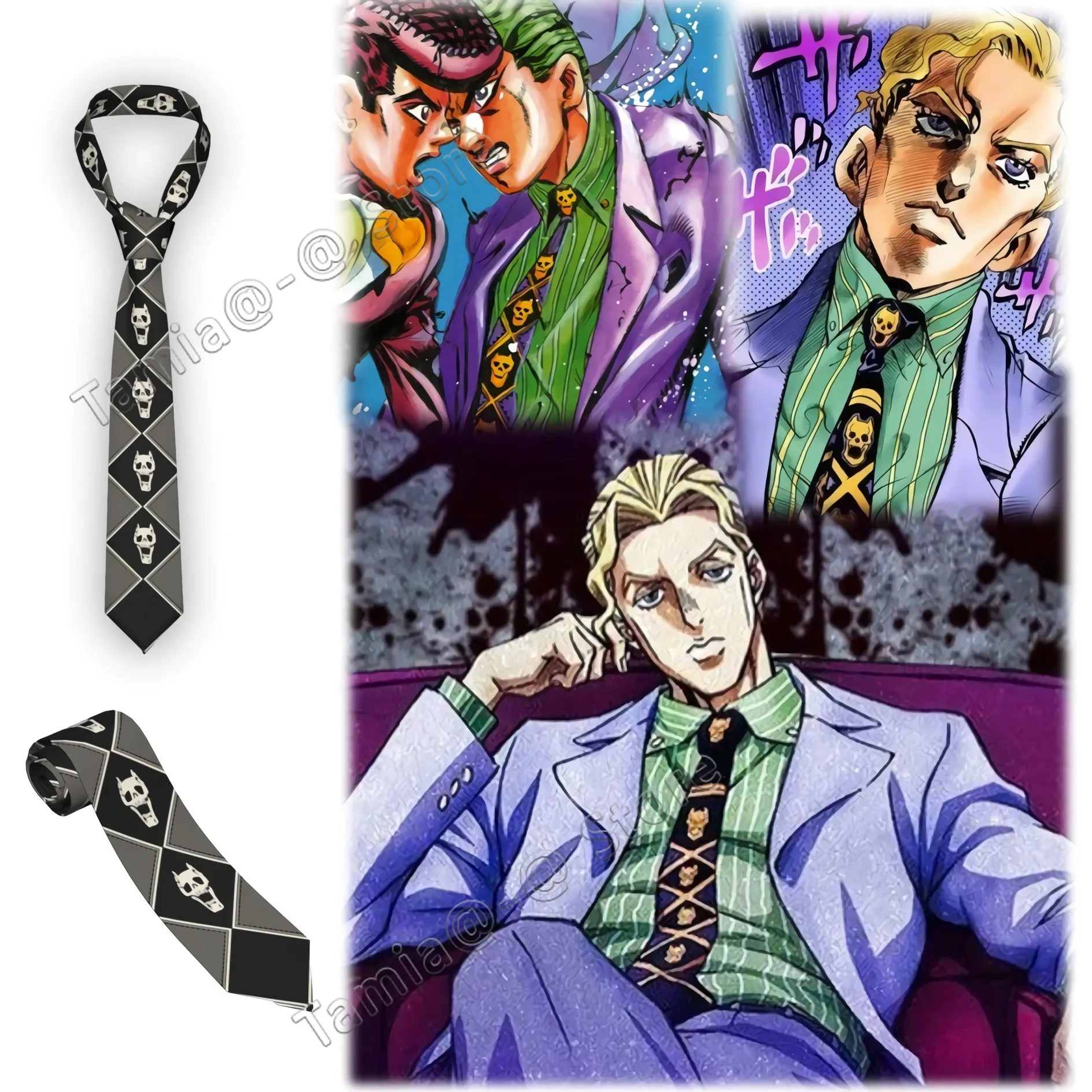 Killer Queen Cosplay Skull Print Tie Jojos Bizzare Adventures Polyester Silk Vintage Neck Ties Accessories For Men Shirt Cravat