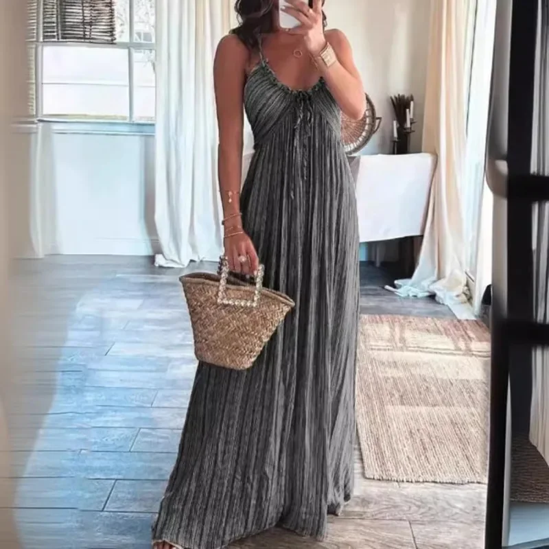 Halter sem mangas smocked decote em v balanço flowy vestido de praia para mulher a linha casual férias praia vestido de verão feminino maxi vestido de verão