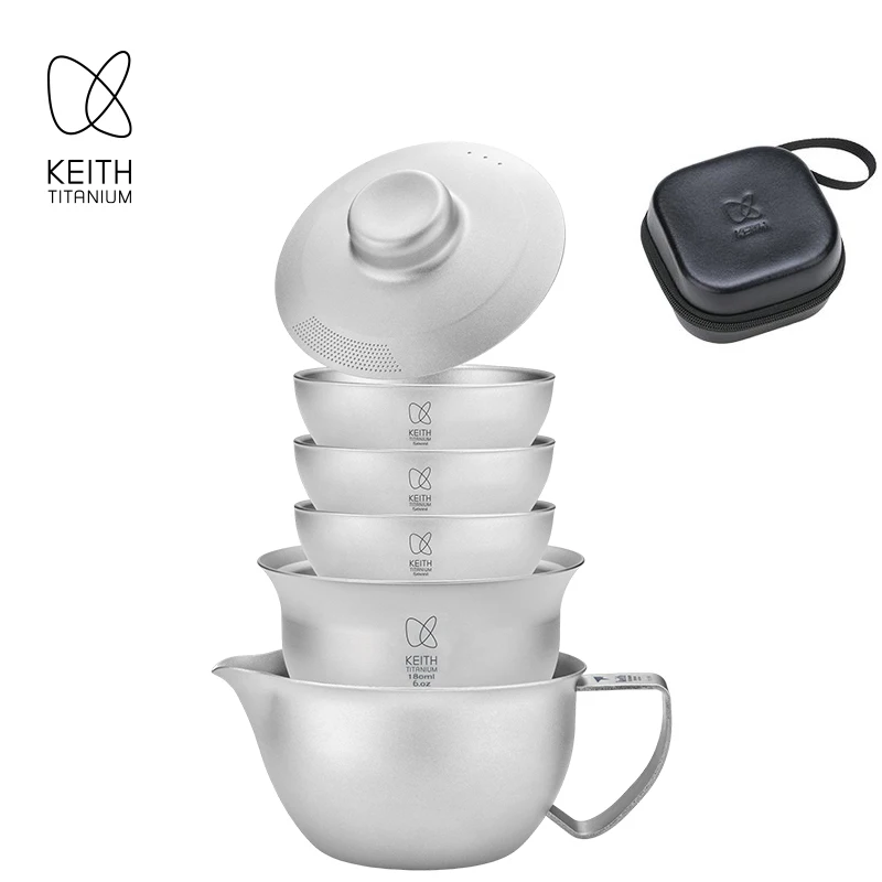 KEITH Portable Pure Titanium Travel Tea Set, Ultralight Stackable Tableware for Camping, Travel, Home & Office