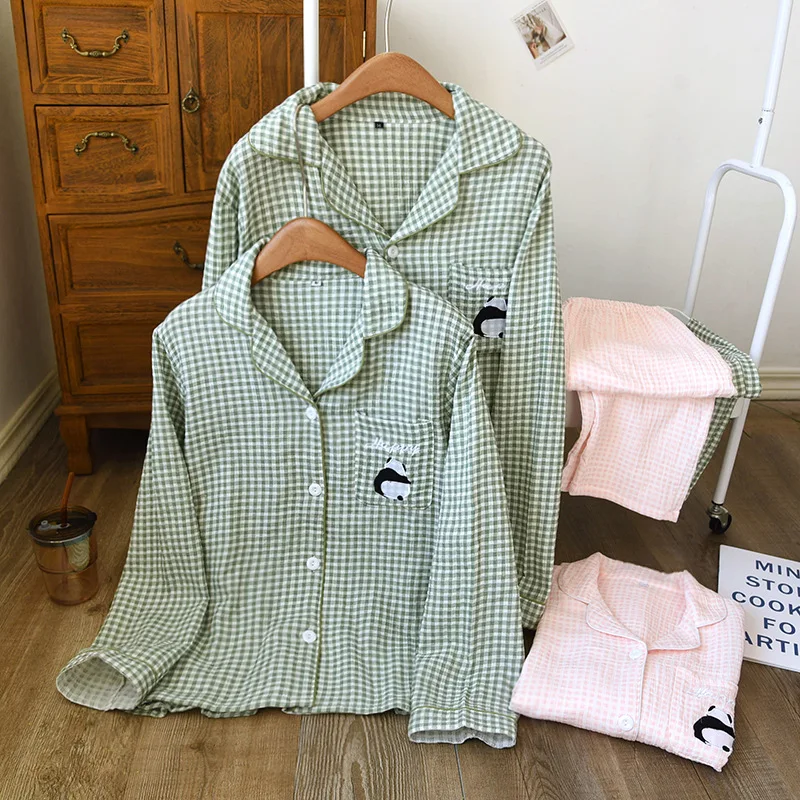 

Fresh plaid 100% gauze cotton lovers pajamas sets women men spring long sleeve casual sleepwear pyjamas Homewear