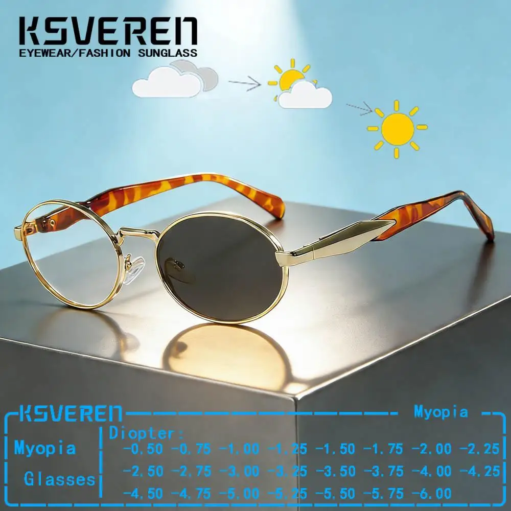 

Designer Oval Photochromic Myopia Glasses Women Small Frames Finished Prescription Eyeglasses Clear Lens Sun Discolour Glasses