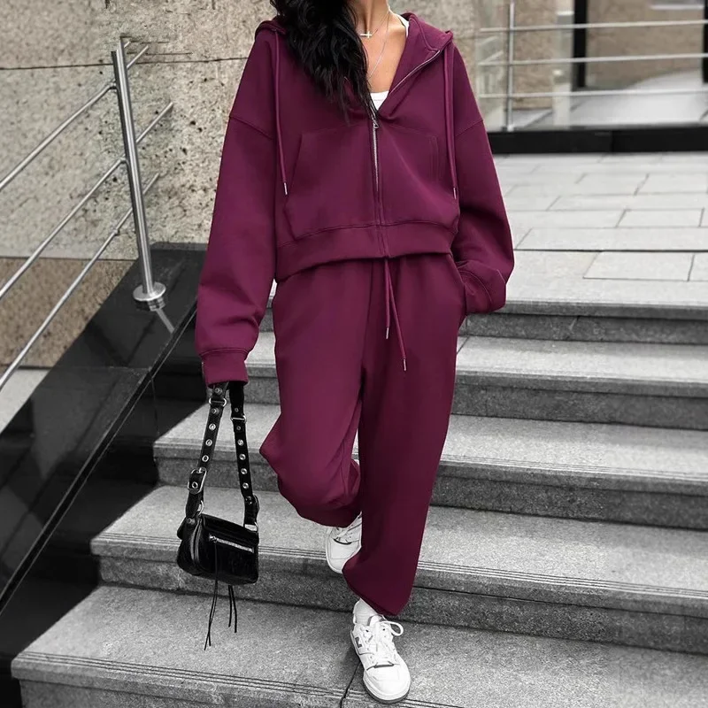 

Cross-border 2025 new fashion loose purple women's trousers set elegant long-sleeved jacket with high-waisted trousers