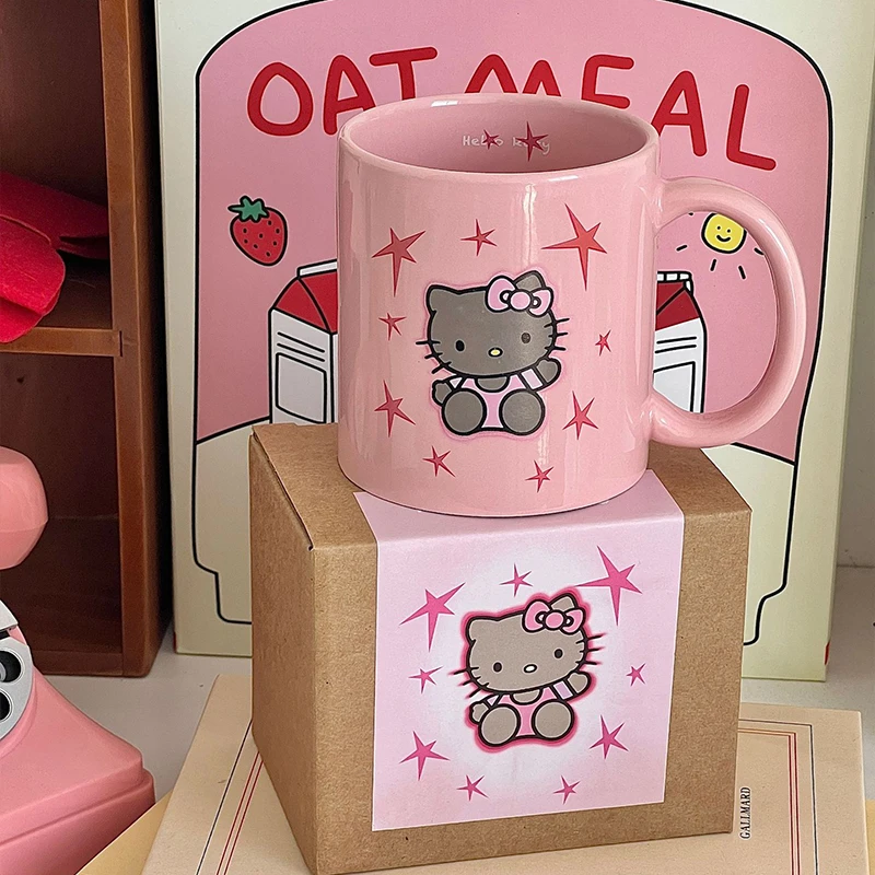 Taza de cerámica bonita de Hello Kitty de Anime Kawaii Sanrio, taza de café, agua, leche, corazón femenino, regalos Ins de moda para niñas