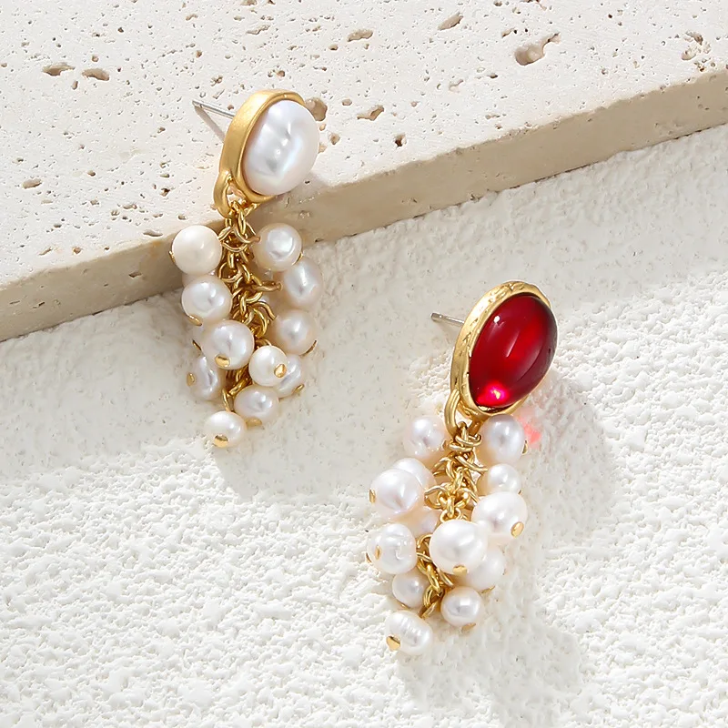 Freshwater Pearl Grape Fruit Tassel Earrings Retro Light Luxury High-end Style AB Style Irregular Earrings for Women