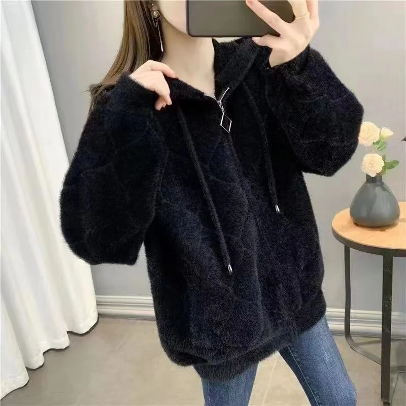 Autumn Winter Fashion LooseThickened Hooded Imitation mink Velvet Jacket 2024 New Women Knitted Cardigan Female Tops Outerwear