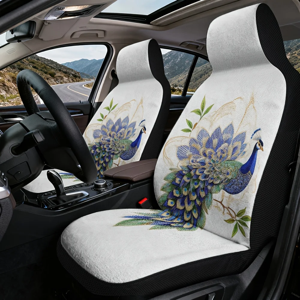 Set Of 2 Seat Covers Featuring A Decorative Peacock Design With Bright Feathers, Made From Soft And Comfortable Fabric. These Un