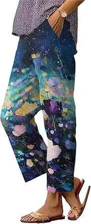 

Straight Leg Pants for Women Oil Painting Floral Print Trousers Trendy Casual Baggy High Waist Boho Summer Loose Pants
