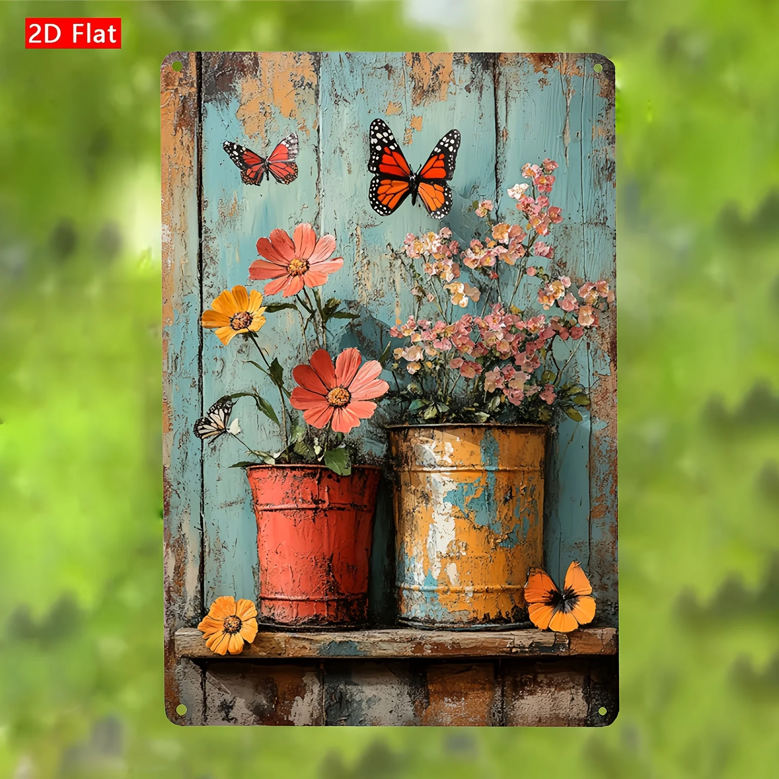 A Vivid Floral And Butterfly Metal Wall Art, Sign, Rustic Flower Pot Design, Suitable for Indoor And Outdoor Decoration in Homes