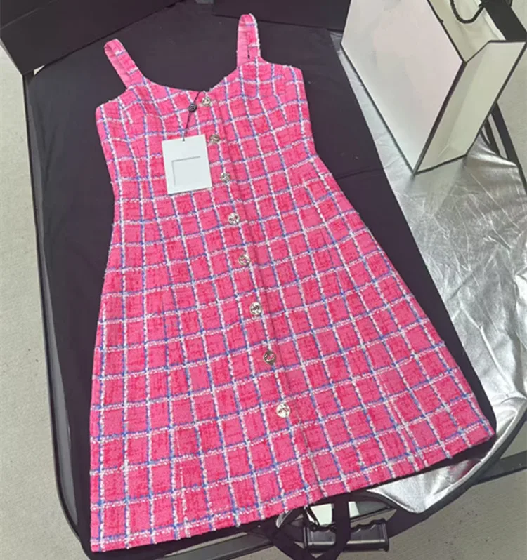 

Customization European women's clothing - new summer styles for 2026 Sling Sleeveless pink checkered tweed dress