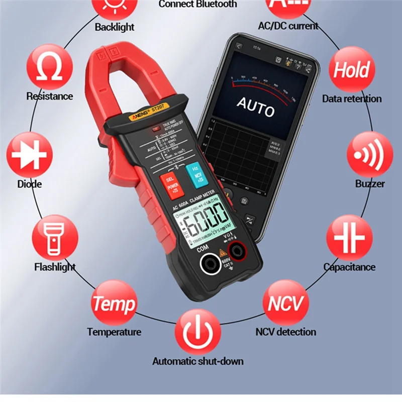 ANENG 대형 스크린 디지털 클램프 미터, 블루투스 스마트 AC DC 전압 테스터, 번인 방지 전문 멀티미터, ST207