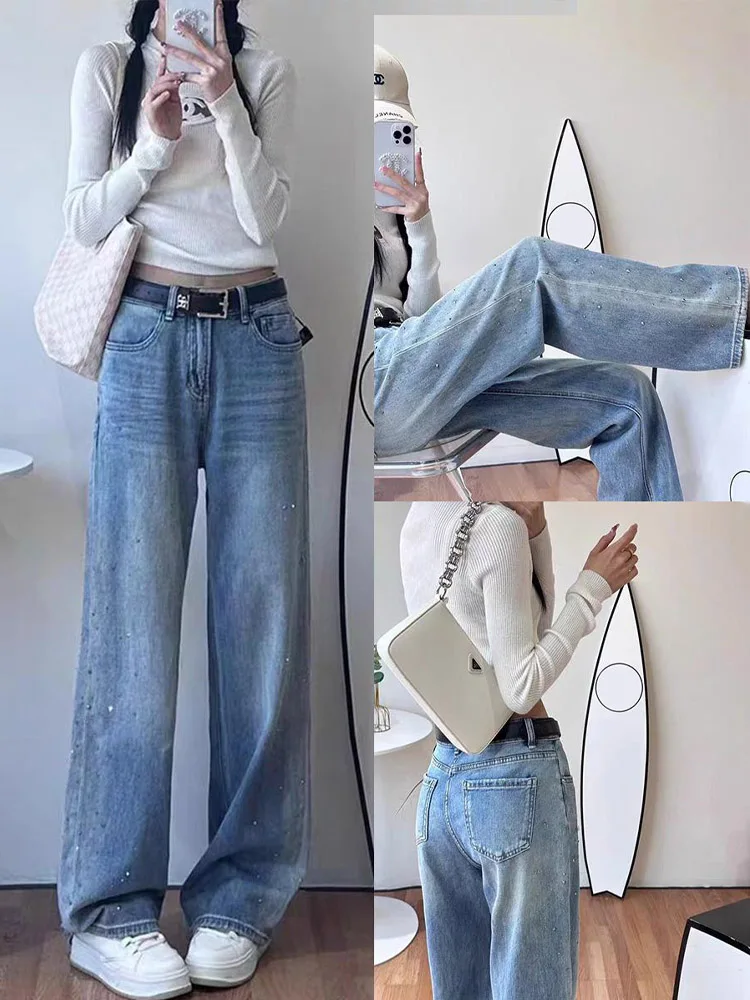 

Heavy Industry Tianxing Diamond Embedded 2024 Autumn New Sle Women's Jeans Loose Straight Leg Pants Slimming Versatile