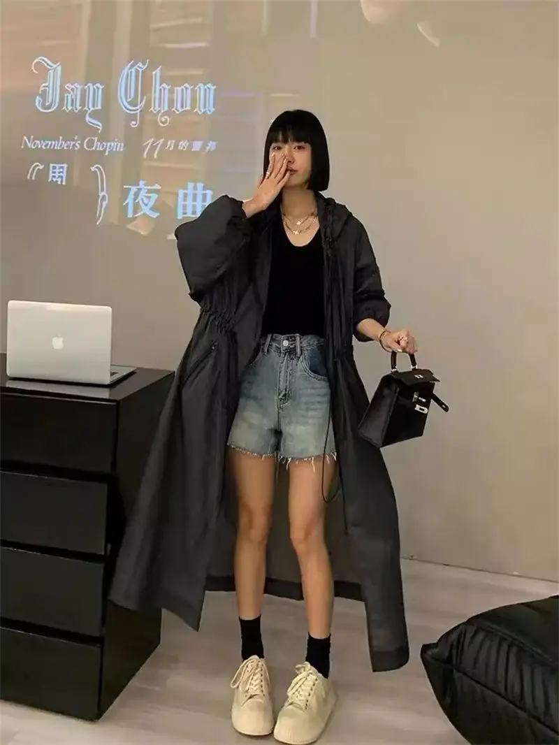 

Large Size Windbreaker Jacket Women Summer 2024 Fashion Casual Solid Color Versatile Loose Sun Protection Long Shirt Coat K1434