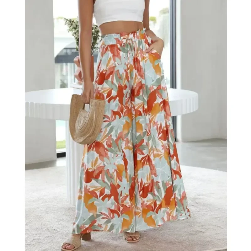 

Широкие брюки с принтом для женщин, повседневные пляжные брюки с высокой талией и эластичным поясом, весна-лето, модные длинные брюки