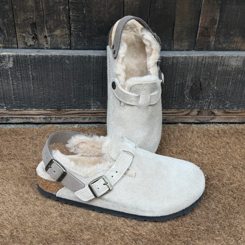 

Women's Suede Thick-soled Slippers Winter Warm Faux Fur Fleece-lined Slippers Half-cover Design Slippers Outdoor Slip-on Shoes