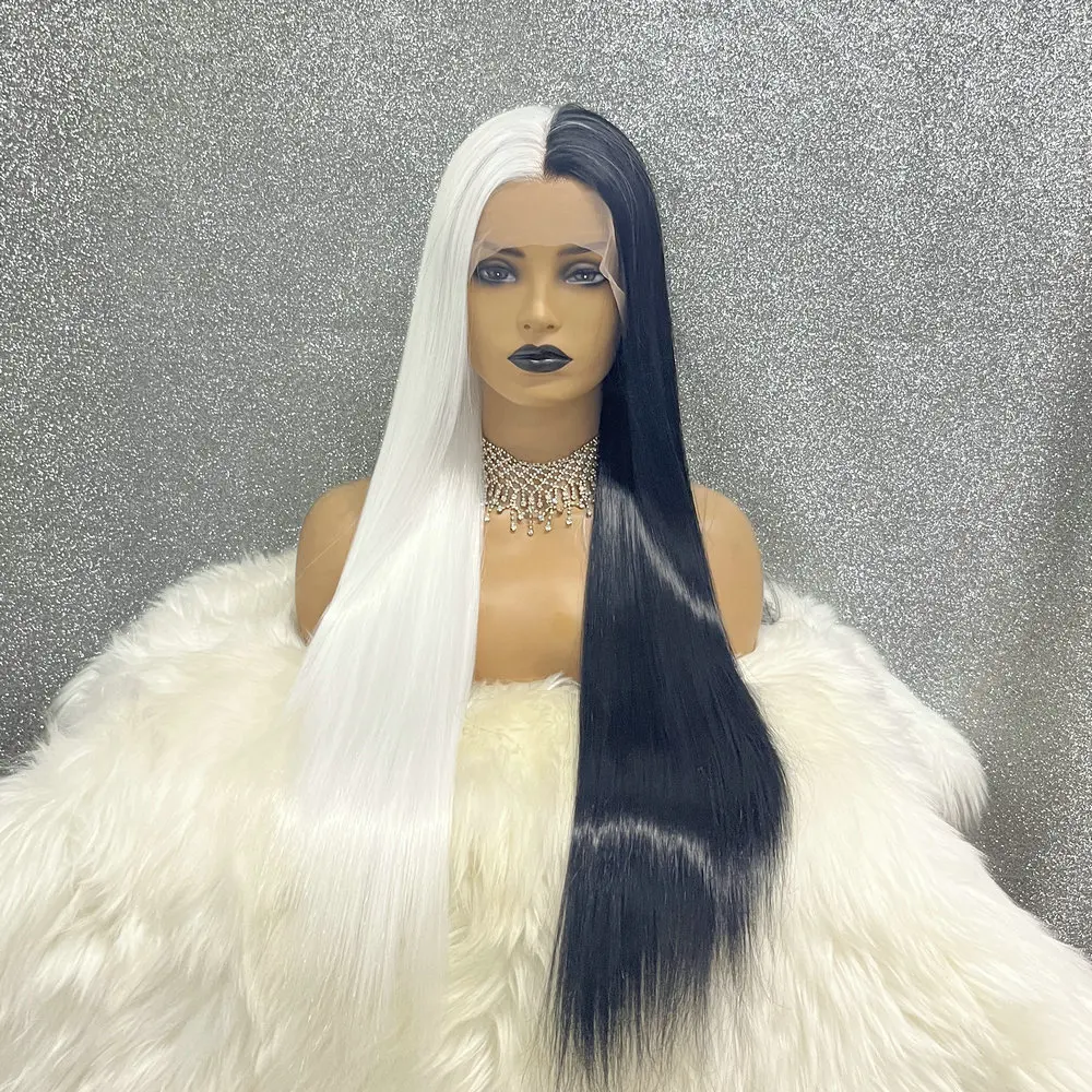 piano color 13x3.5 Lace Front 28 Inch Straight Drag Queen Half Black Half White Color Glueless Cosplay Wigs For Black Women