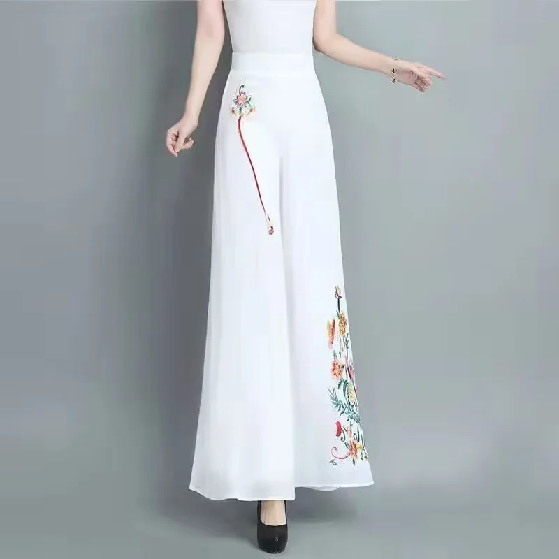 Chiffon Embroidery Wide Leg Trousers Skirt Pants Women's Summer 2026 New High Waist Loose Ankle-length Pants Thin Pants Women