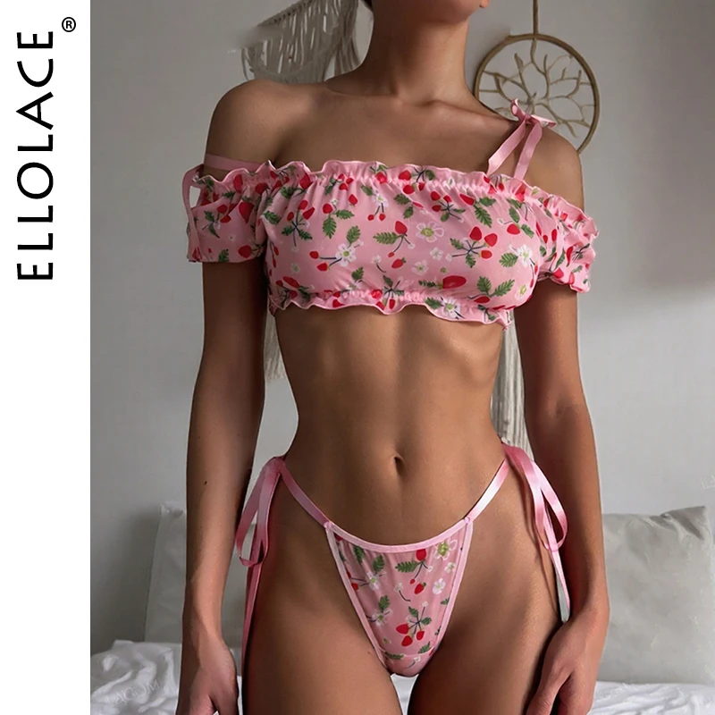 

НОВОЕ нижнее белье Ellolace на день Святого Валентина, сексуальный горячий милый укороченный топ с вишней Hilitos, 2 предмета, невинный розовый соблазнительный интимный комплект с открытыми плечами