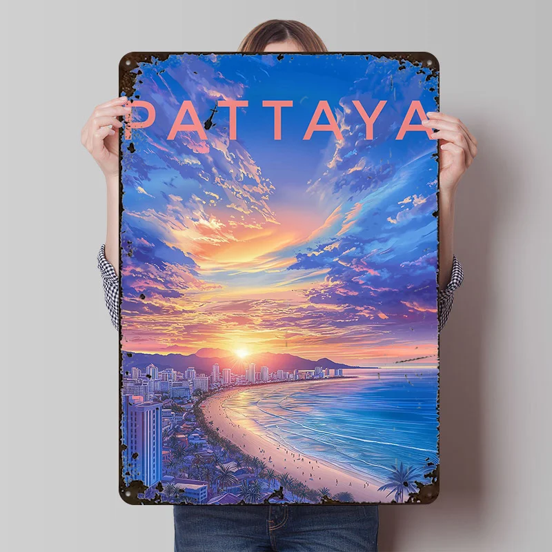 Pattaya Sonnenuntergang Stadtbild Thailand Gedrucktes Poster Anpassbare Wandkunst Retro Vintage Metallblechschilder für Zuhause Zimmer Kaffeebar