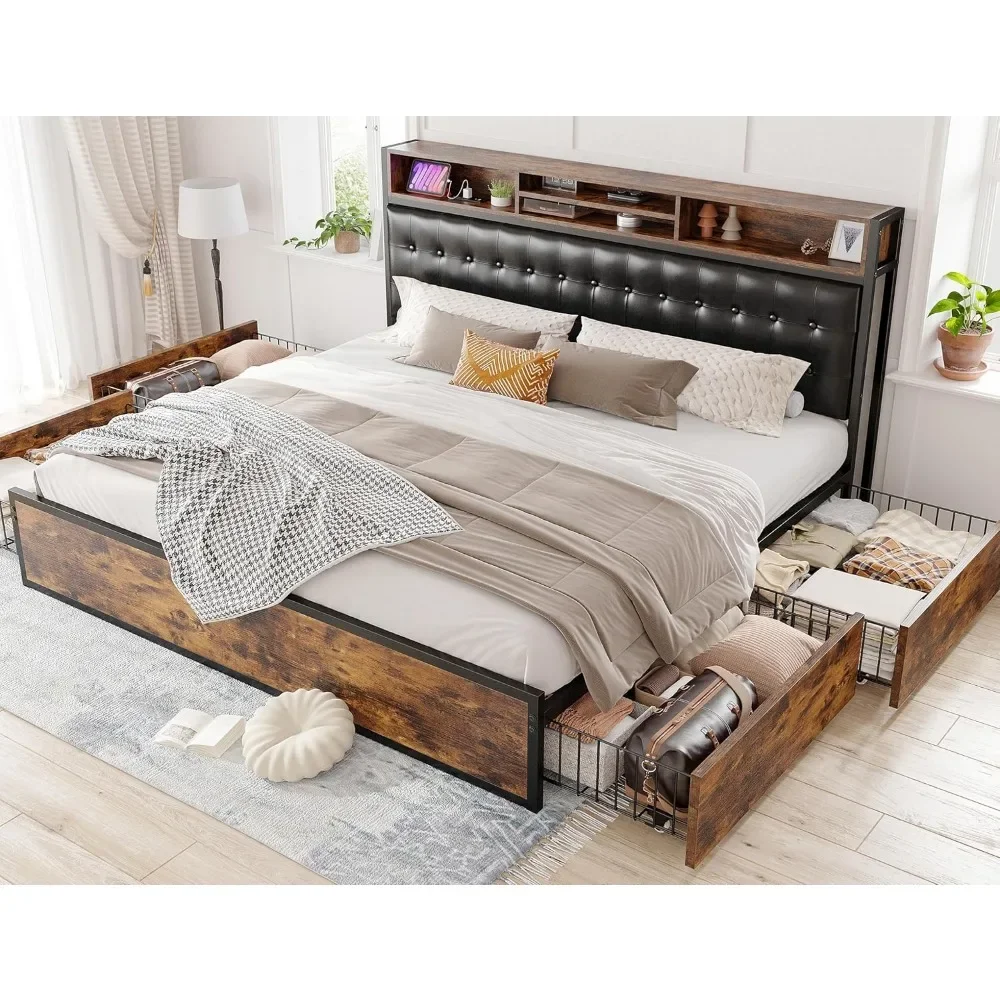 King Size Bed Frame with 4 Storage Drawers King Beds Frames and Headboard Upholstered Bed Frame with Storage & Charging Station