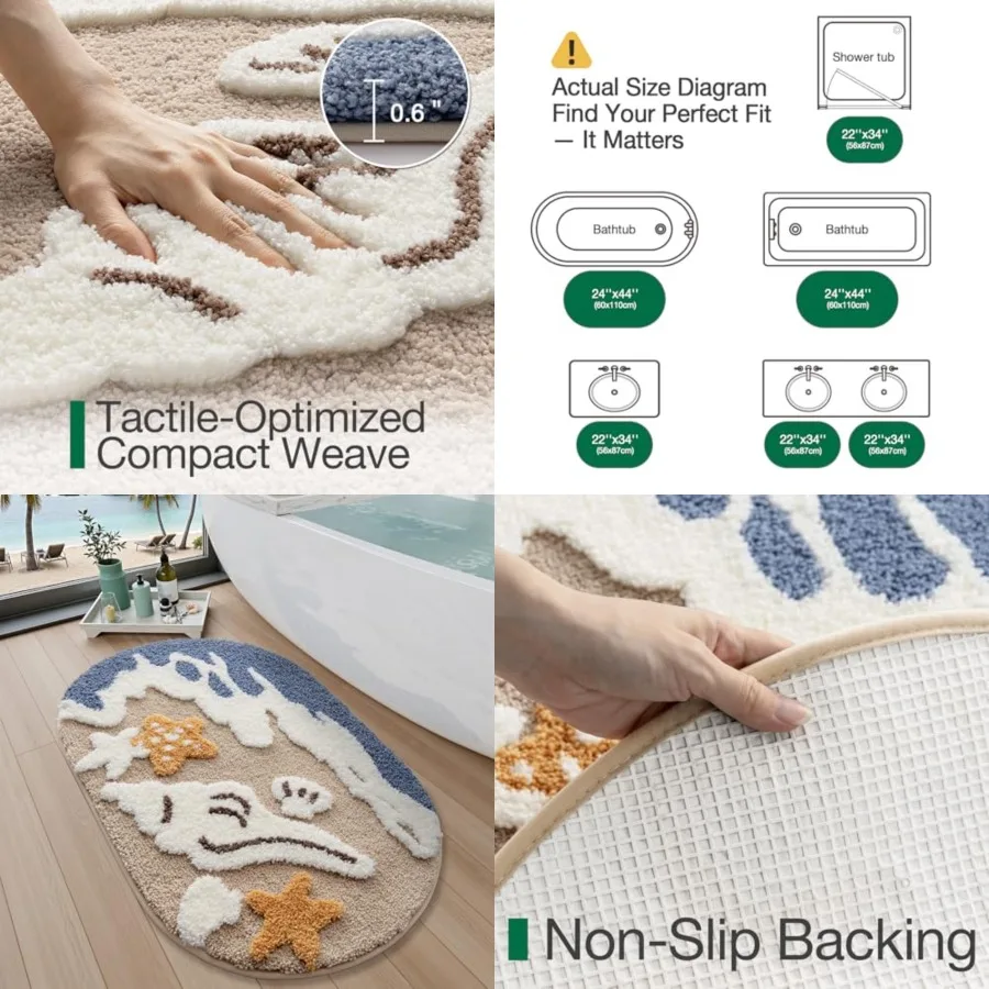

Beach Bathroom Rugs, Non Slip Bath Mat Ultra Soft Washable Absorbent Quick Dry, Ocean Sea Theme Bath Rug with Starfish Shell fo