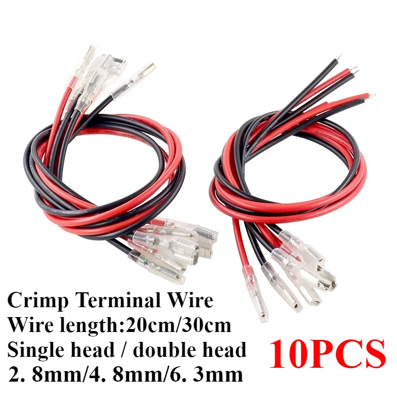 10pcs/lot 2.8mm 4.8mm 6.3mm Tinned Feamle Spade Quick Splice Crimp Terminals With 20cm 30cm Red And Black 18awg Cable Harness