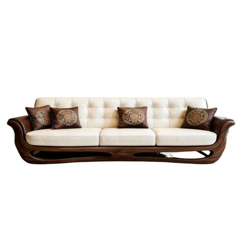 2026 New Black Walnut Solid Wood Genuine Leather Sofa New Chinese Light Luxury Living Room Large Apartment