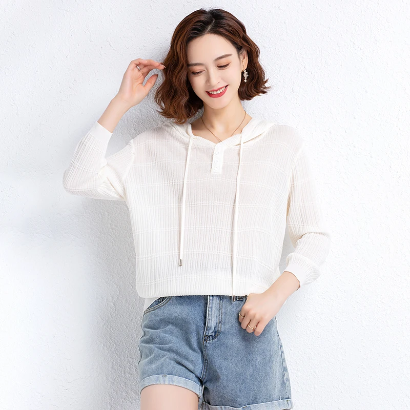 Women's Hooded Sweater Tops 2022 Summer &A Spring Knit Shirts Elegant Ladies Knitwear Blouse