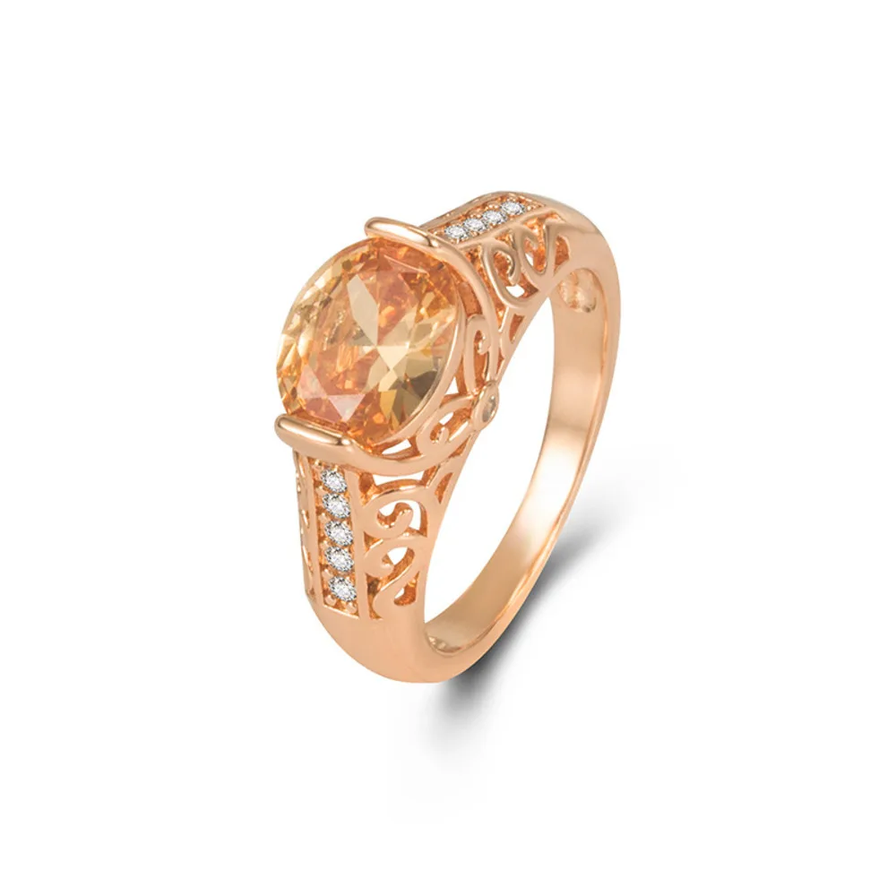 WOSIKATE New Hollow Out Design Champagne Coloured Morganite Gemstone Rose Gold Plated Ring For Women Wedding Jewelry Finger Ring