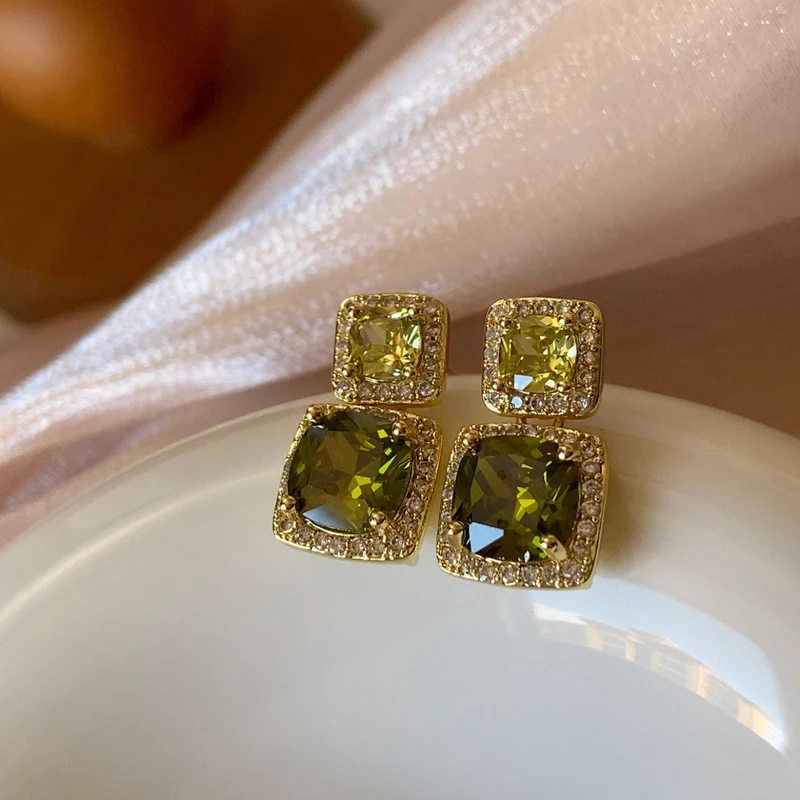 vintage delicate square olive green zircon stud earrings summer fresh girl geometry jewelry