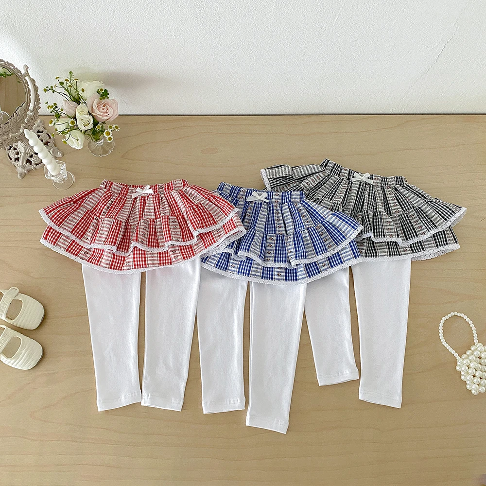 Toddler Girls Leggings Spring Autumn Lace Plaid Floral Skirt-Pants Lace Princess Kids Skirt Trousers Children Summer Pants