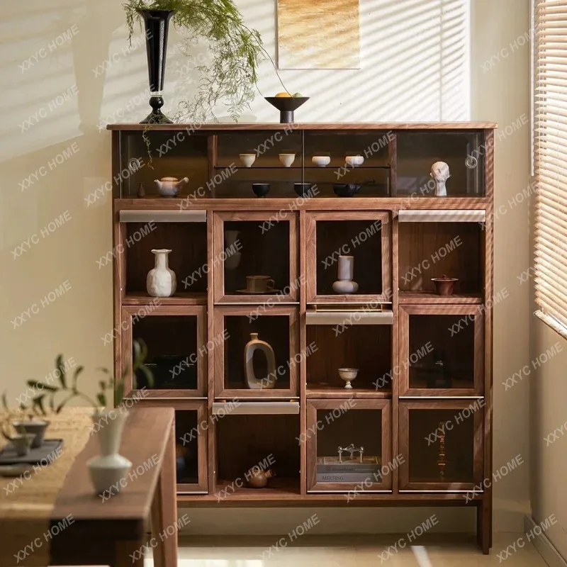 

Q New arrive New Chinese solid wood tea cabinet simple display retro black walnut storage cabinet