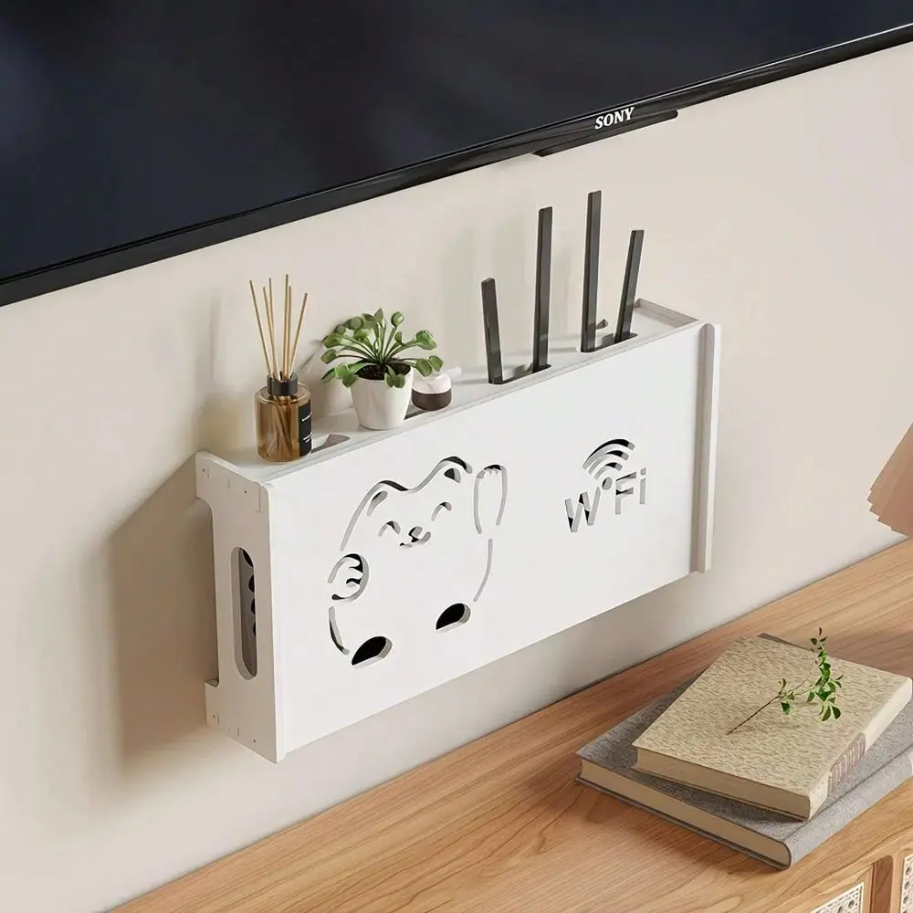 1pc Wall-Mounted Router Storage Box, Thickened Board, 2 Hollow Styles: Lucky Cat WiFi Hollow / Louver Breathable Heat Dissipation Design, Conceals Messy Cables And Beautifies Wall, No Drilling Easy Installation, Suitable For Living Room, Bedroom, Entryway