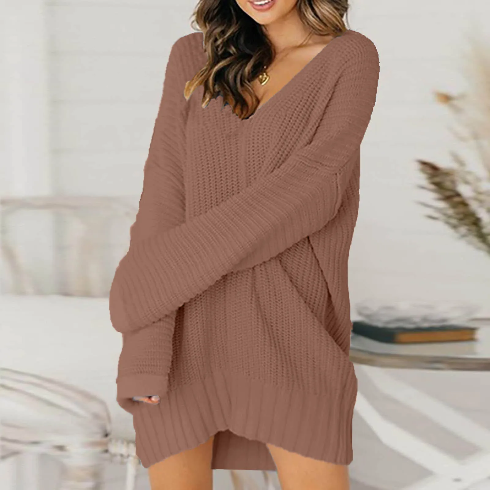 Women Knit Sweater Dress Ladies Loose V-Neck Pullover Short Dresses Winter Warm Long Sleeve Solid Color Sundress Robe Femme