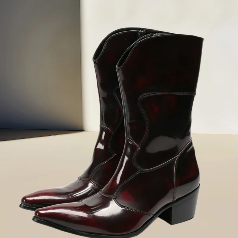 Stitching Shoes for Males Pointed Toe Chunky High Heels Patent Leather Men Short Boots Sewing Lines Chassure Hommes Mixed Color