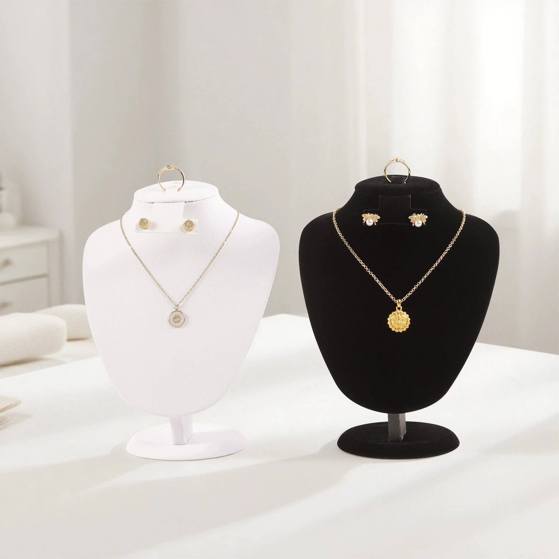 PU Leather/Velvet Portrait Jewelry Display Stand -Surface Stable Base Mannequin Holder for Necklaces, Earrings, Rings & Pendants