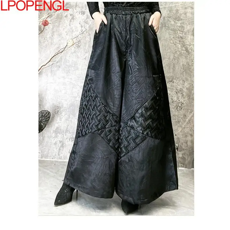 New Fashion Retro Women Chinese Style High-waisted Elegant Elastic Waist Straight Wide-leg Pants Personality Patchwork Trousers