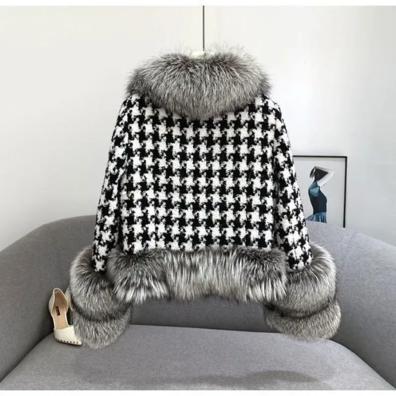 Winter Elegant Fur Coat Women Short Thousand Bird Check Fur Collar Silver Faux Fur Jackets Luxury Warm Parkas Cotton Clothes New