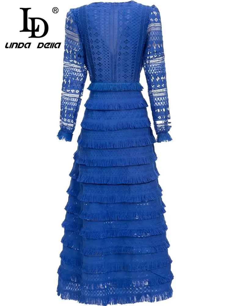 LD LINDA DELLA Fashion Runway Autumn Dress Women's V Neck Hollow out Lantern sleeve Tassel Blue Vacation Long Cake Dresses