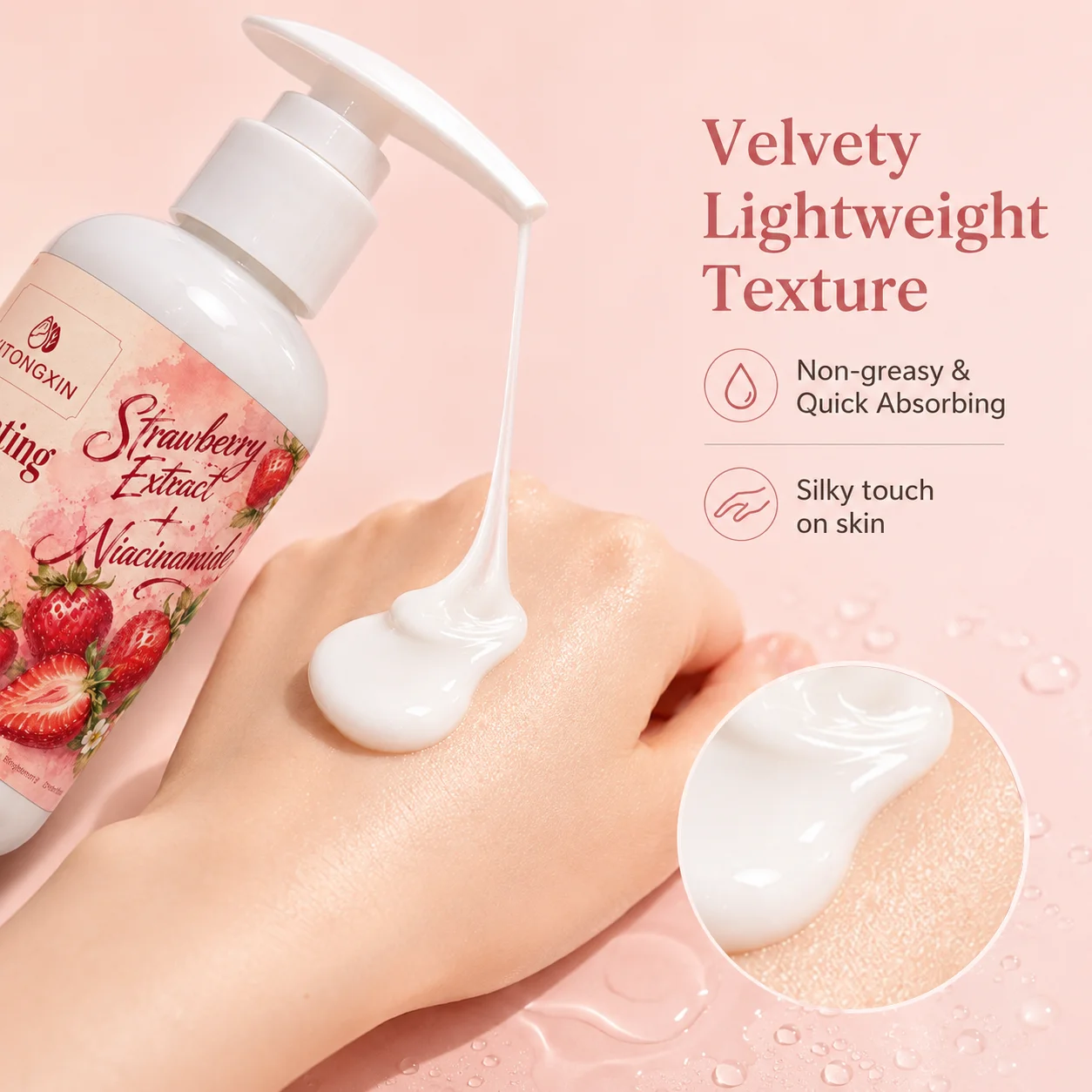 Hydrating Body Lotion with Strawberry Extract & Niacinamide, Moisturizing Brightening Body Cream for Dry Skin, Fast Absorbing