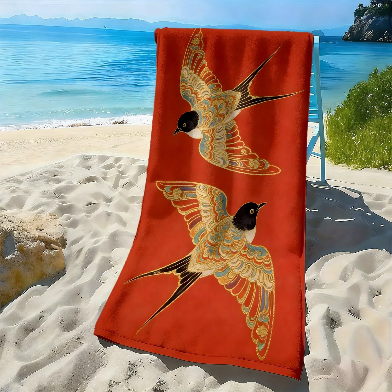Red background with golden stripes theme polyester microfiber beach towel is highly absorbent, suitable swimming beach outings