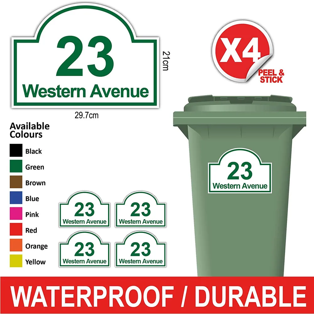 

Customized 4X Personalised Printed Wheelie Bin Number Stickers with House Number Street Name Classic Style