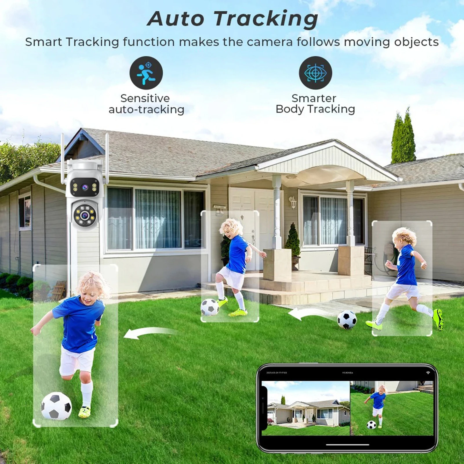 كاميرا أمان لاسلكية 3MP + 3MP بعدسة مزدوجة على الحائط كاميرا واي فاي ذكية كاملة الألوان للرؤية الليلية 2-Way كشف الحركة الصوتية