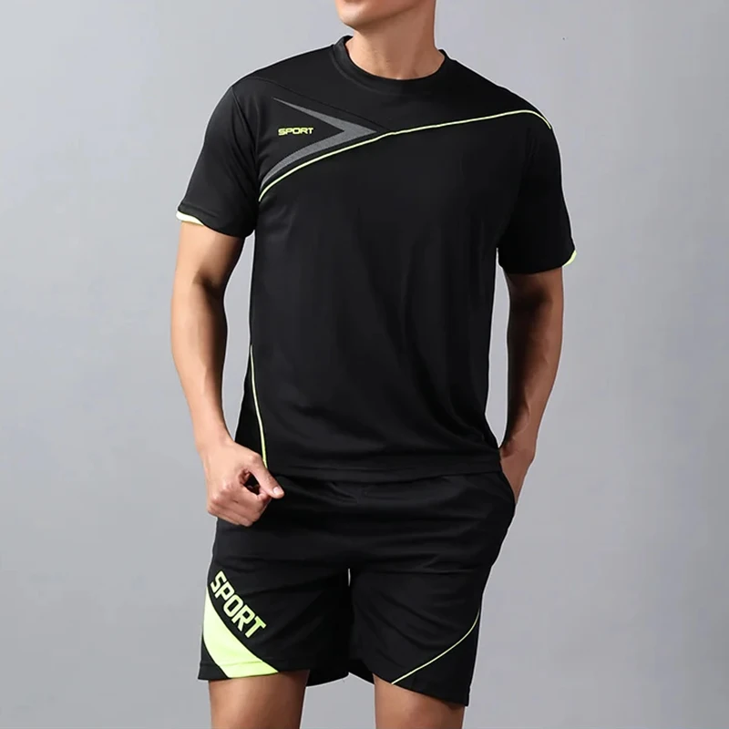 Summer Fitness Quick Drying Running Casual Sports Set Men\'s Round Neck Letter Short Sleeved T-shirt Elastic Waist Loose Shorts