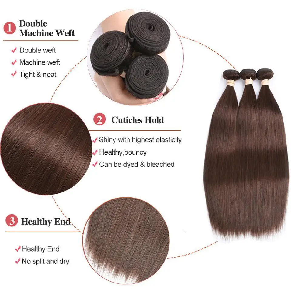 Bundel Rambut Manusia Lurus Cokelat Coklat 1/3/4 Buah 10A 10-32 Inci Ekstensi Rambut Manusia Lurus Remy Brasil untuk Wanita