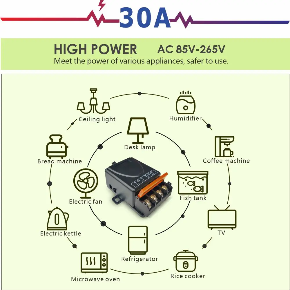 433MHz RF Radio AC 110V 220V 230V 30A High Power Light Switch Receiver Remote Control Transmitter Set ON/OFF Button for Lamp